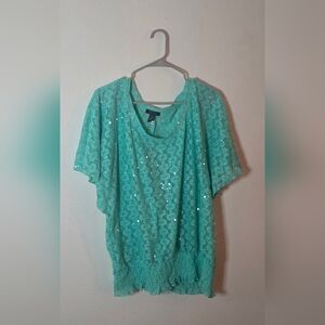 Deb Aqua Lace Sequin Blouse Plus Size Flutter Sleeve Party Dressy Top 3X